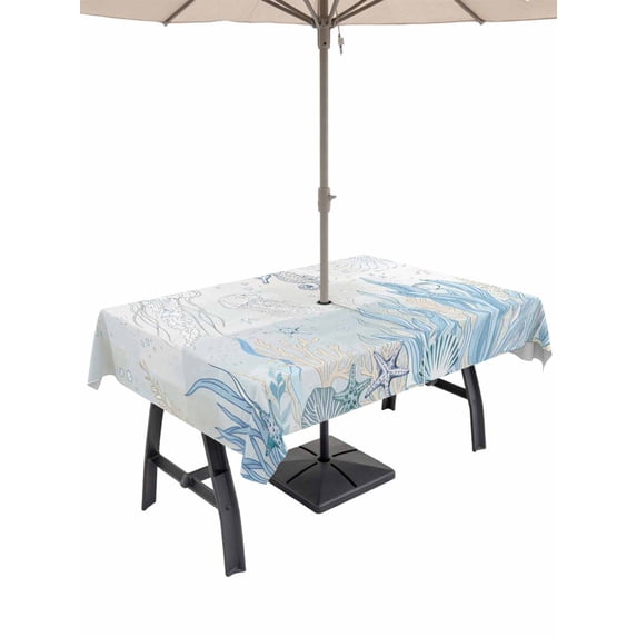 Outdoor Tablecloth with Umbrella Hole and Zipper, Blue Seahorse Coastal Rectangle Table Cloth 60x84 Inch Waterproof Tablecloth, Summer Beach Nautical Ocean Coral Picnic Table Cover for Patio Camping