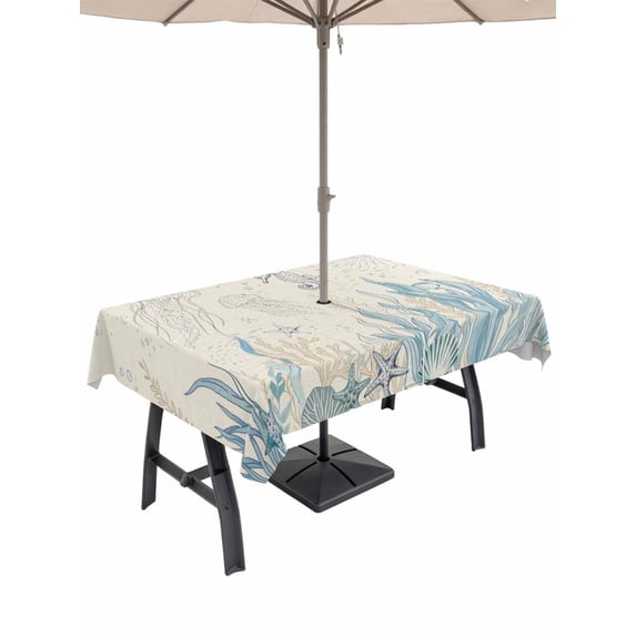 Outdoor Tablecloth with Umbrella Hole and Zipper, Blue Seahorse Coastal Rectangle Table Cloth 60x84 Inch Waterproof Tablecloth, Summer Beach Nautical Ocean Coral Vintage Picnic Table Cover for Patio