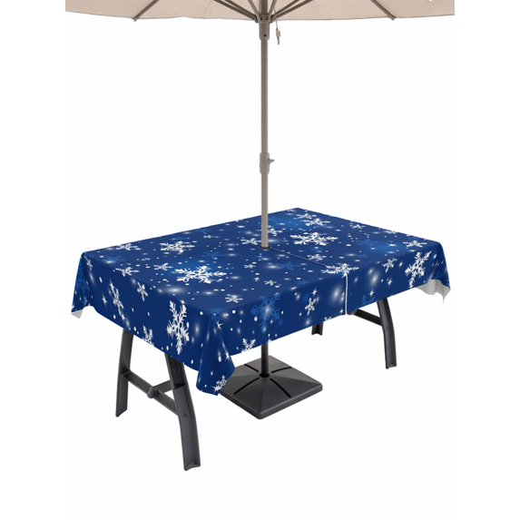 Outdoor Tablecloth with Umbrella Hole and Zipper, Blue Snowflake Christmas Rectangle Table Cloth 52x70 Inch Waterproof Tablecloth, Winter Xmas Snowflake Picnic Table Cover for Patio Camping