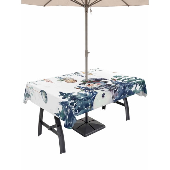 Outdoor Tablecloth with Umbrella Hole and Zipper, Blue Snowman Christmas Rectangle Table Cloth 52x70 Inch Waterproof Tablecloth, Green Eucalyptus Leaves Xmas Tree Picnic Table Cover for Patio Camping