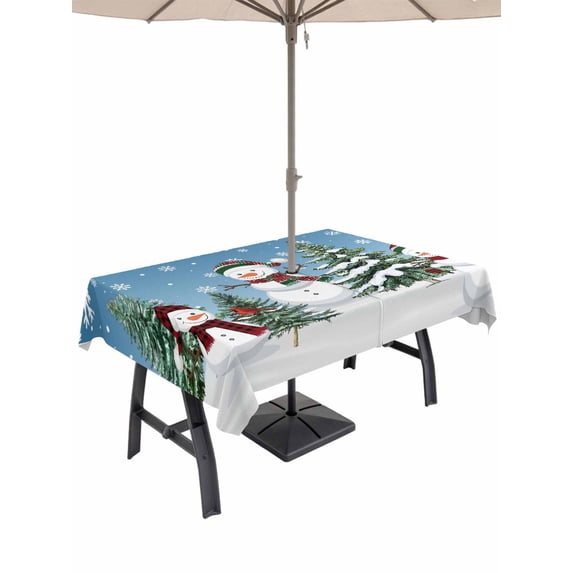 Outdoor Tablecloth with Umbrella Hole and Zipper, Blue Snowman Christmas Rectangle Table Cloth 52x70 Inch Waterproof Tablecloth, Xmas Tree Green Snowflake Picnic Table Cover for Patio Camping