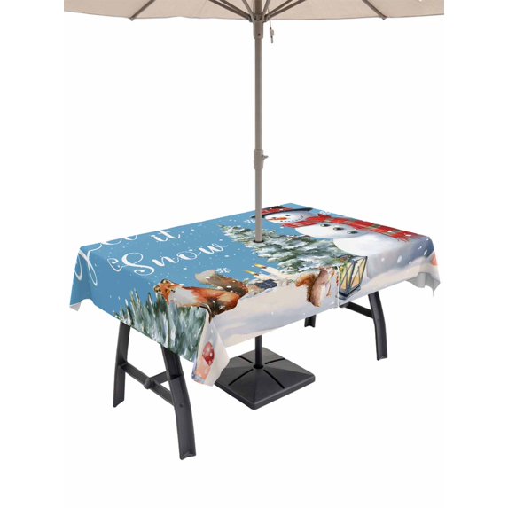Outdoor Tablecloth with Umbrella Hole and Zipper, Blue Snowman Christmas Rectangle Table Cloth 52x70 Inch Waterproof Tablecloth, Xmas Tree Snowflake Gifts Picnic Table Cover for Patio Camping