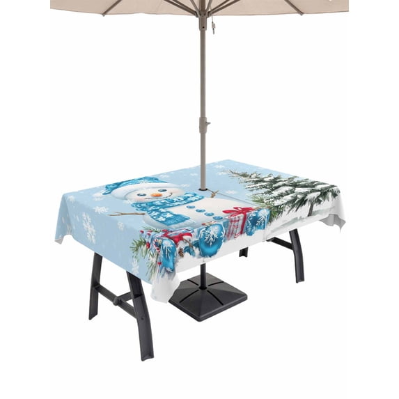 Outdoor Tablecloth with Umbrella Hole and Zipper, Blue Snowman Christmas Rectangle Table Cloth 54x80 Inch Waterproof Tablecloth, Snowflake Xmas Tree Balls Picnic Table Cover for Patio Camping