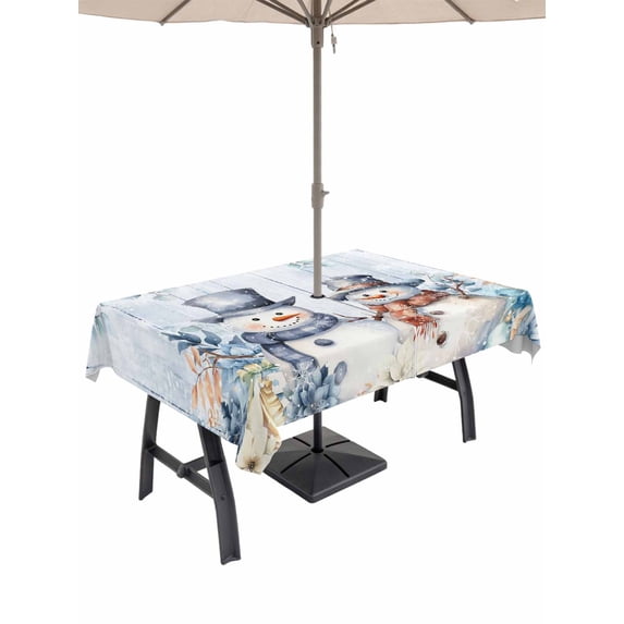 Outdoor Tablecloth with Umbrella Hole and Zipper, Blue Snowman Christmas Rectangle Table Cloth 60x102 Inch Waterproof Tablecloth, Vintage Botanical Xmas Snowflake Picnic Table Cover for Patio Camping