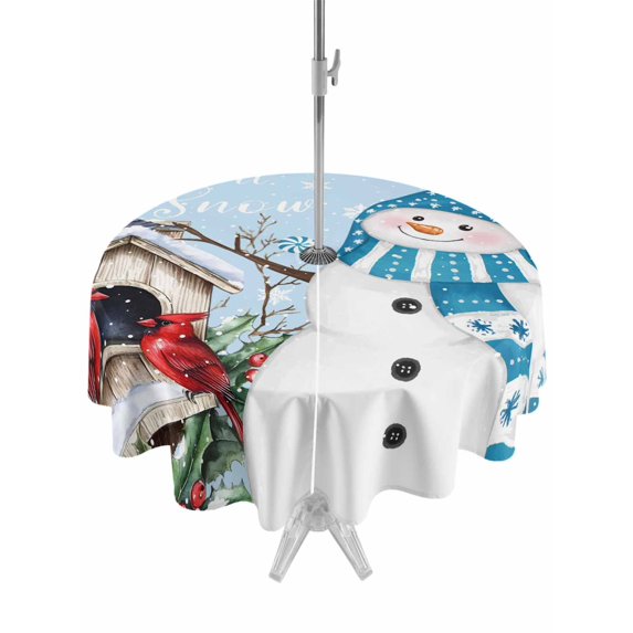 Outdoor Tablecloth with Umbrella Hole and Zipper, Blue Snowman Christmas Round Table Cloth 54 Inch Waterproof Tablecloth, Xmas Snowflake Birds Berry Winter Picnic Table Cover for Patio Camping