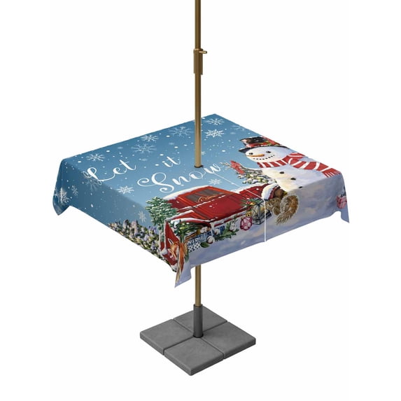 Outdoor Tablecloth with Umbrella Hole and Zipper, Blue Snowman Christmas Square Table Cloth 54x54 Inch Waterproof Tablecloth, Snowflake Red Truck Xmas Tree Gifts Picnic Table Cover for Patio Camping