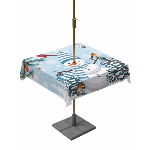 Outdoor Tablecloth with Umbrella Hole and Zipper, Blue Snowman Christmas Square Table Cloth 54x54 Inch Waterproof Tablecloth, Xmas Tree Snowflake Balls Picnic Table Cover for Patio Camping