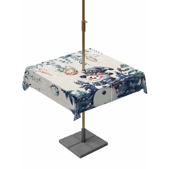 Outdoor Tablecloth with Umbrella Hole and Zipper, Blue Snowman Christmas Square Table Cloth 60x60 Inch Waterproof Tablecloth, Xmas Snowflake Eucalyptus Leaves Rustic Picnic Table Cover for Patio
