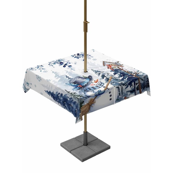 Outdoor Tablecloth with Umbrella Hole and Zipper, Blue Snowman Christmas Square Table Cloth 60x60 Inch Waterproof Tablecloth, Xmas Tree Forest Eucalyptus Leaves Picnic Table Cover for Patio Camping