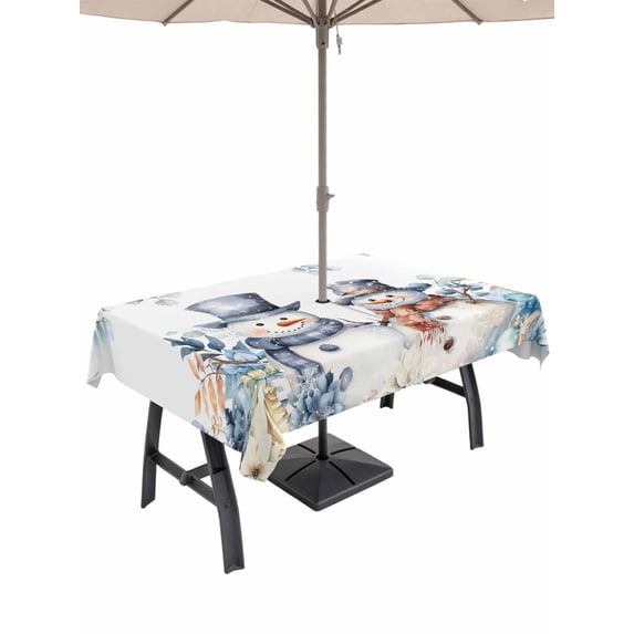 Outdoor Tablecloth with Umbrella Hole and Zipper, Blue Snowman Rectangle Table Cloth 60x120 Inch Waterproof Tablecloth, Eucalyptus Christmas Poinsettia Winter Snowy Picnic Table Cover for Patio