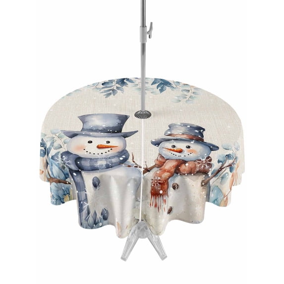 Outdoor Tablecloth with Umbrella Hole and Zipper, Blue Snowman Round Table Cloth 60 Inch Waterproof Tablecloth, Eucalyptus Christmas Poinsettia Retro Snowy Picnic Table Cover for Patio Camping