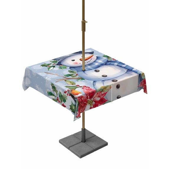 Outdoor Tablecloth with Umbrella Hole and Zipper, Blue Snowman Square Table Cloth 54x54 Inch Waterproof Tablecloth, Christmas Poinsettia Winter Snowflake Picnic Table Cover for Patio Camping