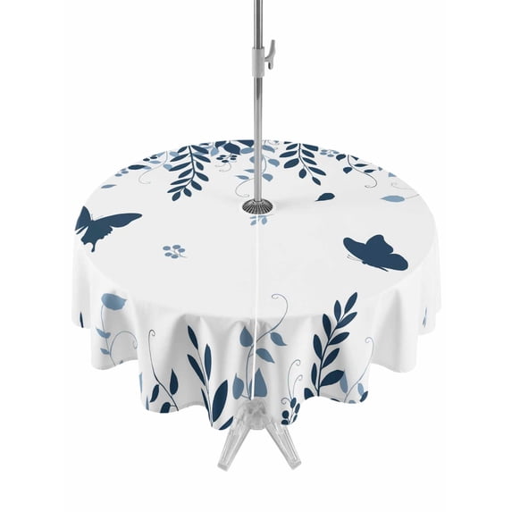Outdoor Tablecloth with Umbrella Hole and Zipper, Blue Spring Botanical Round Table Cloth 60 Inch Waterproof Tablecloth, Weeping Eucalyptus Butterfly Picnic Table Cover for Patio Camping