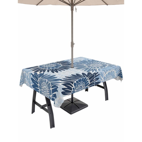 Outdoor Tablecloth with Umbrella Hole & Zipper, Blue Spring Floral Rectangle Tablecloth 52x70 Inch, Farmhouse Botanical Summer Sunflower Patio Table Cover Waterproof Table Cloth for Picnic/Party