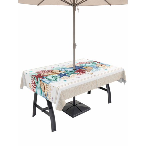 Outdoor Tablecloth with Umbrella Hole and Zipper, Blue Starfish Beach Rectangle Table Cloth 54x80 Inch Waterproof Tablecloth, Summer Coral Conch Coastal Retro Beige Picnic Table Cover for Patio