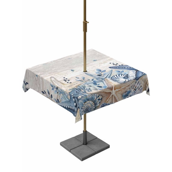 Outdoor Tablecloth with Umbrella Hole and Zipper, Blue Starfish Coastal Square Table Cloth 54x54 Inch Waterproof Tablecloth, Eucalyptus Summer Nautical Shell Vintage Picnic Table Cover for Patio