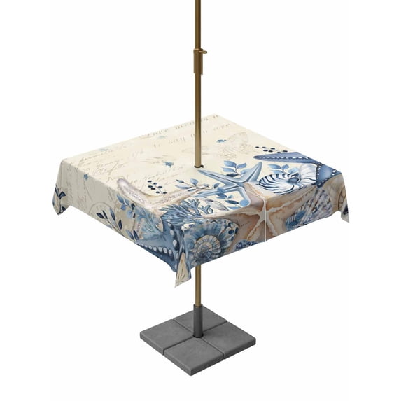 Outdoor Tablecloth with Umbrella Hole and Zipper, Blue Starfish Coastal Square Table Cloth 60x60 Inch Waterproof Tablecloth, Eucalyptus Summer Nautical Shell Retro Picnic Table Cover for Patio