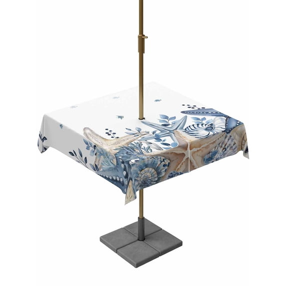 Outdoor Tablecloth with Umbrella Hole & Zipper, Blue Starfish Coastal Square Tablecloth 60x60 Inch, Eucalyptus Summer Nautical Shell Ocean Patio Table Cover Waterproof Table Cloth for Picnic/Party
