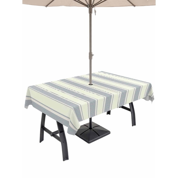 Outdoor Tablecloth with Umbrella Hole and Zipper, Blue Stripe Rectangle Table Cloth 60x84 Inch Waterproof Tablecloth, Modern Farmhouse Geometric Retro Striped Picnic Table Cover for Patio Camping