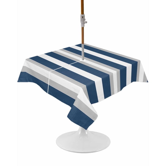 Outdoor Tablecloth with Umbrella Hole and Zipper Blue Stripe Square Tablecloths 54x54 Inch Waterproof Table Cloths Grey Simple Striped Patio Table Cover for Outdoor Tables Picnic BBQS Party Decor