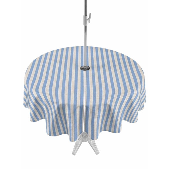 Outdoor Tablecloth with Umbrella Hole Zipper Blue Striped Round Tablecloth 54" Waterproof Outside Table Cloth Modern Simple Farmhouse Beige Vintage Patio Table Cover Tablecloths for Picnic Party