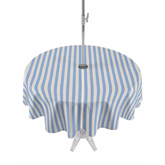 Outdoor Tablecloth with Umbrella Hole Zipper Blue Striped Round Tablecloth 60" Waterproof Outside Table Cloth Modern Simple Farmhouse Beige Vintage Patio Table Cover Tablecloths for Picnic Party