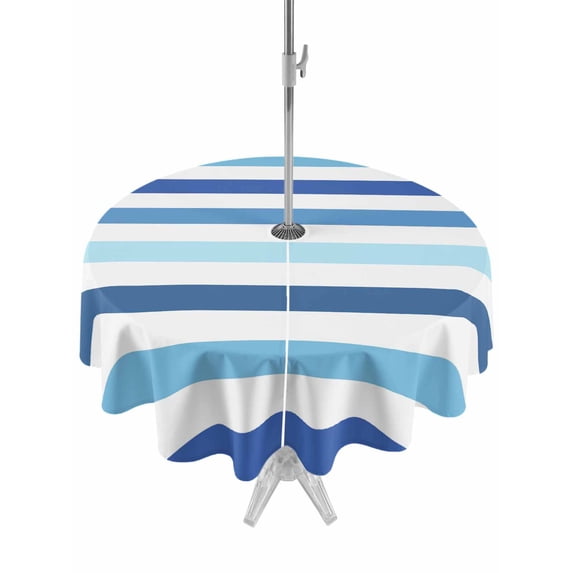 Outdoor Tablecloth with Umbrella Hole Zipper Blue Striped Round Tablecloth 60" Waterproof Outside Table Cloth Navy Ombre Sky White Geometric Ocean Patio Table Cover Tablecloths for Picnic Party