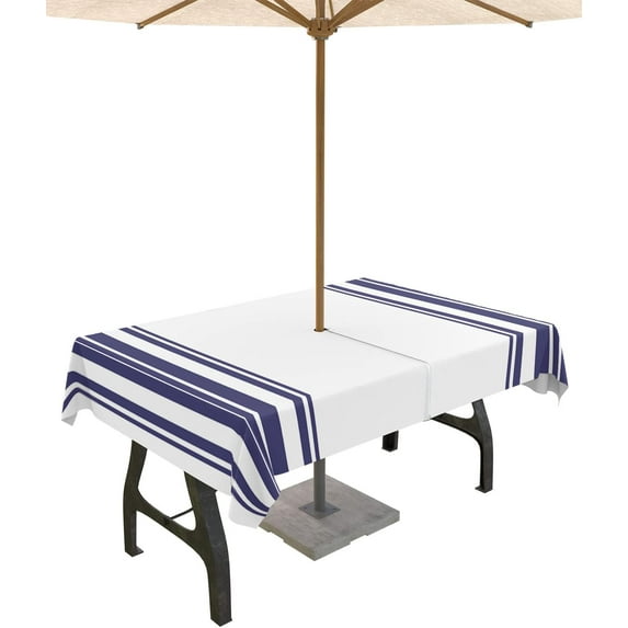 Outdoor Tablecloth with Umbrella Hole and Zipper Blue Stripes Rectangle Outdoor Tablecloths 60x102 Waterproof Outside Table Cloths Simple Style Patio Table Cover for Outdoor Tables Picnic Garden