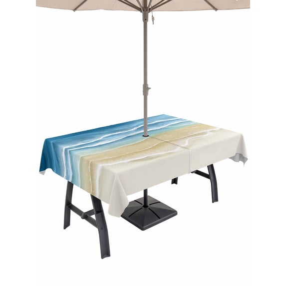 Outdoor Tablecloth with Umbrella Hole and Zipper, Blue Summer Beach Rectangle Table Cloth 60x120 Inch Waterproof Tablecloth, Nautical Coastal Beige Seaside Picnic Table Cover for Patio Camping