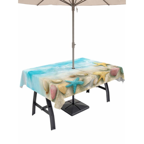Outdoor Tablecloth with Umbrella Hole and Zipper, Blue Summer Beach Rectangle Table Cloth 60x84 Inch Waterproof Tablecloth, Coastal Starfish Shell Nautical Waves Picnic Table Cover for Patio Camping