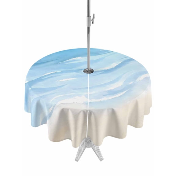 Outdoor Tablecloth with Umbrella Hole & Zipper, Blue Summer Beach Round Tablecloth 54 Inch, Coastal Ocean Nautical Seaside Patio Table Cover Waterproof Table Cloth for Picnic/Party