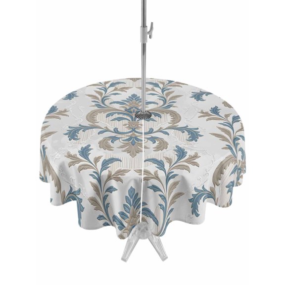 Outdoor Tablecloth with Umbrella Hole and Zipper, Blue Tan Flower Round Table Cloth 54 Inch Waterproof Tablecloth, Abstract Vintage Ethnic Tribal Boho Picnic Table Cover for Patio Camping