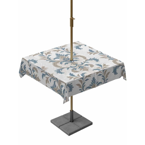 Outdoor Tablecloth with Umbrella Hole and Zipper, Blue Tan Flower Square Table Cloth 54x54 Inch Waterproof Tablecloth, Abstract Vintage Ethnic Tribal Boho Picnic Table Cover for Patio Camping