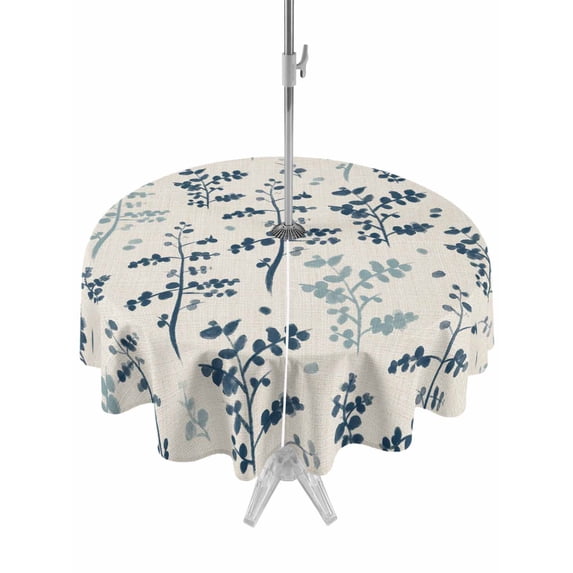Outdoor Tablecloth with Umbrella Hole and Zipper, Blue Teal Botanical Round Table Cloth 54 Inch Waterproof Tablecloth, Rustic Country Spring Floral Summer Leaf Picnic Table Cover for Patio Camping
