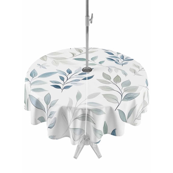 Outdoor Tablecloth with Umbrella Hole Zipper Blue Teal Botanical Round Tablecloth 60" Waterproof Outside Table Cloth Watercolor Spring Summer Leaves Patio Table Cover Tablecloths for Picnic Party
