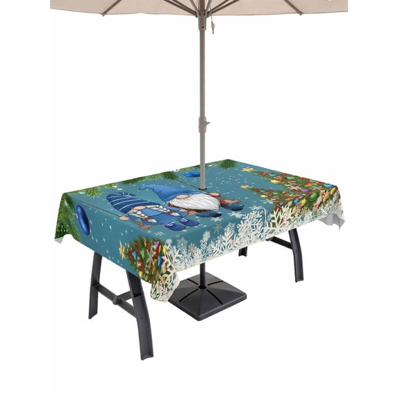 Outdoor Tablecloth with Umbrella Hole and Zipper, Blue Teal Gnomes Christmas Rectangle Table Cloth 60x84 Inch Waterproof Tablecloth, Xmas Tree Balls Snowflake Picnic Table Cover for Patio Camping