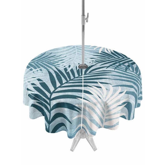 Outdoor Tablecloth with Umbrella Hole & Zipper, Blue Teal Palm Leaves Round Tablecloth 60 Inch, Summer Botanical Tropical Leaf Patio Table Cover Waterproof Table Cloth for Picnic/Party