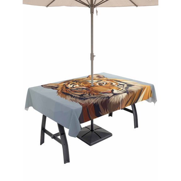 Outdoor Tablecloth with Umbrella Hole and Zipper, Blue Tiger Rectangle Table Cloth 60x102 Inch Waterproof Tablecloth, Funny Animals Modern Art Picnic Table Cover for Patio Camping