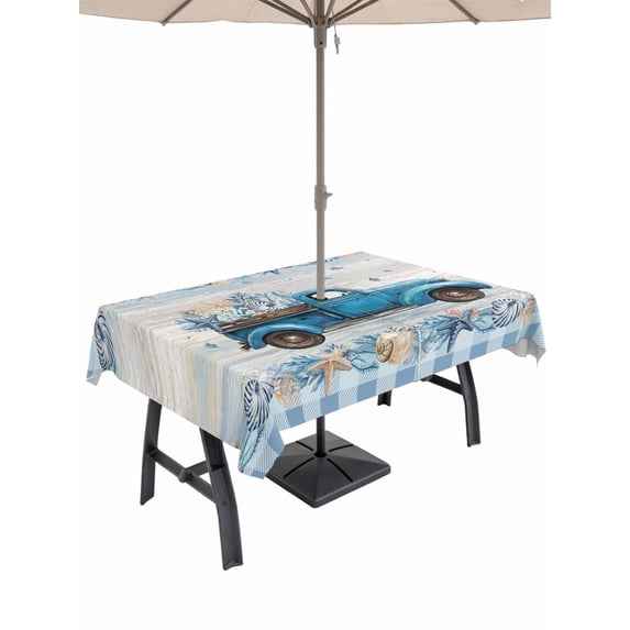 Outdoor Tablecloth with Umbrella Hole & Zipper, Blue Truck Coastal Rectangle Tablecloth 52x70 Inch, Summer Beach Coral Starfish Shell Vintage Patio Table Cover Waterproof Table Cloth for Picnic/Party