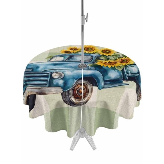 Outdoor Tablecloth with Umbrella Hole Zipper Blue Truck Yellow Sunflower Round Tablecloth 60" Waterproof Outside Table Cloth Summer Sage Green Plaid Vintage Patio Table Cover Tablecloths for Picnic