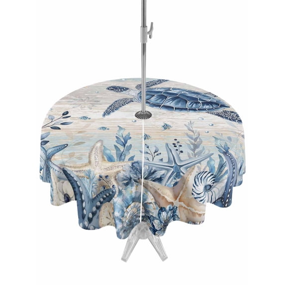 Outdoor Tablecloth with Umbrella Hole & Zipper, Blue Turtle Coastal Round Tablecloth 60 Inch, Beach Starfish Nautical Coral Vintage Patio Table Cover Waterproof Table Cloth for Picnic/Party