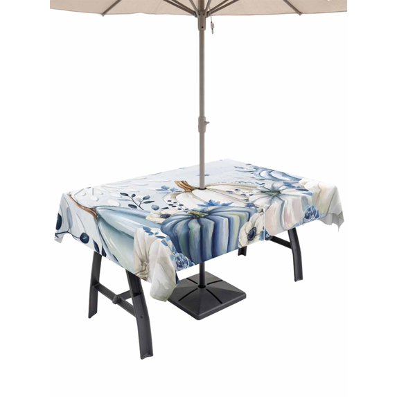 Outdoor Tablecloth with Umbrella Hole and Zipper, Blue Vintage Fall Rectangle Table Cloth 60x120 Inch Waterproof Tablecloth, Thanksgiving Botanical Pumpkins Picnic Table Cover for Patio Camping