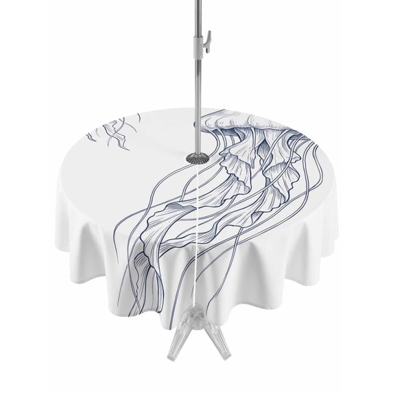 Outdoor Tablecloth with Umbrella Hole Zipper Blue White Jellyfish Coastal Round Tablecloth 54" Waterproof Outside Table Cloth Nautical Summer Ocean Seaside Patio Table Cover Tablecloths for Picnic