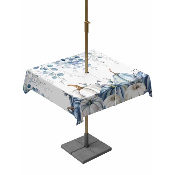 Outdoor Tablecloth with Umbrella Hole and Zipper, Blue White Pumpkins Square Table Cloth 54x54 Inch Waterproof Tablecloth, Thanksgiving Fall Blue Eucalyptus Leaves Picnic Table Cover for Patio