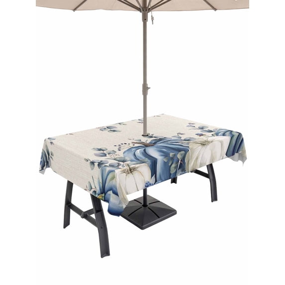 Outdoor Tablecloth with Umbrella Hole and Zipper, Blue White Rectangle Table Cloth 60x120 Inch Waterproof Tablecloth, Fall Thanksgiving Harvest Pumpkin Eucalyptus Picnic Table Cover for Patio Camping