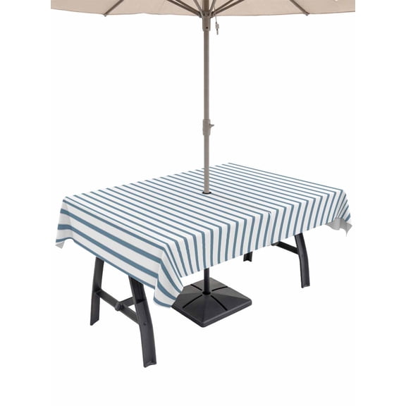 Outdoor Tablecloth with Umbrella Hole and Zipper, Blue White Stripe Pattern Rectangle Waterproof Table Cover Simple Style Light Blue Pinstriped Table Cloth for Patio Picnic Camping, 52x70 Inch