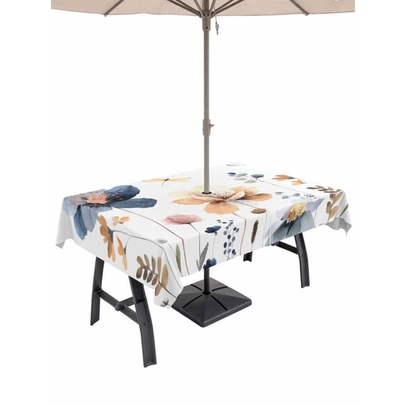 Outdoor Tablecloth with Umbrella Hole and Zipper, Blue Yellow Flowers Rectangle Table Cloth 52x70 Inch Waterproof Tablecloth, Spring Summer Garden Wildflowers Picnic Table Cover for Patio Camping