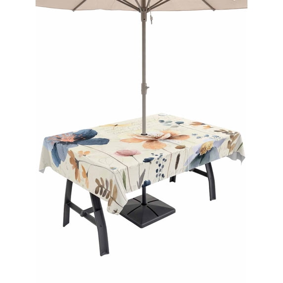 Outdoor Tablecloth with Umbrella Hole and Zipper, Blue Yellow Flowers Rectangle Table Cloth 54x80 Inch Waterproof Tablecloth, Spring Summer Garden Wildflowers Retro Picnic Table Cover for Patio