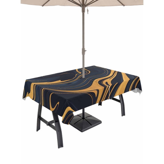 Outdoor Tablecloth with Umbrella Hole and Zipper, Blue Yellow Ripple Rectangle Table Cloth 60x120 Inch Waterproof Tablecloth, Fluid Modern Abstract Art Picnic Table Cover for Patio Camping