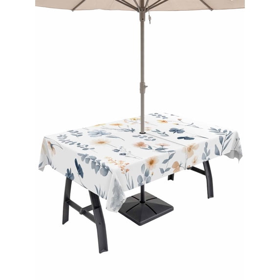 Outdoor Tablecloth with Umbrella Hole and Zipper, Blue Yellow Spring Floral Rectangle Table Cloth 60x102 Inch Waterproof Tablecloth, Watercolor Botanical Flowers Picnic Table Cover for Patio Camping